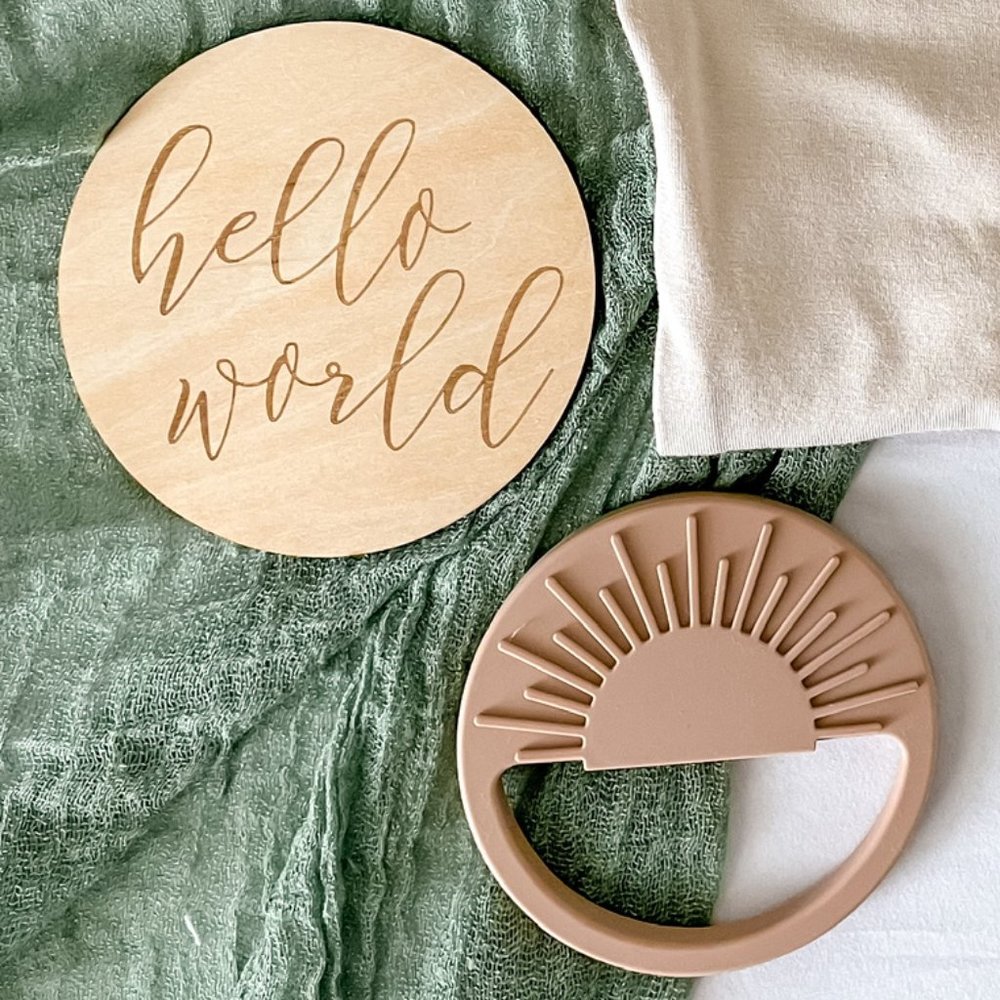 NEW Boho + Babe Sunshine Silicone Teether & Wood Hello World Sign